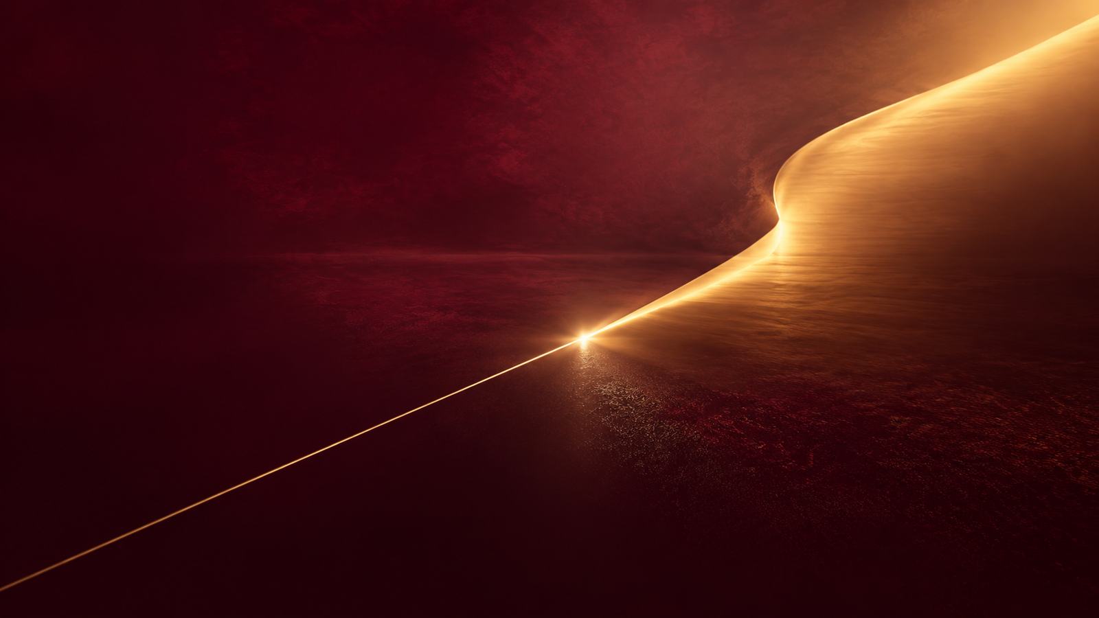 Eine feine goldene Linie läuft flach durch dunkles Rot, wendet sich nach oben und geht in Licht über.