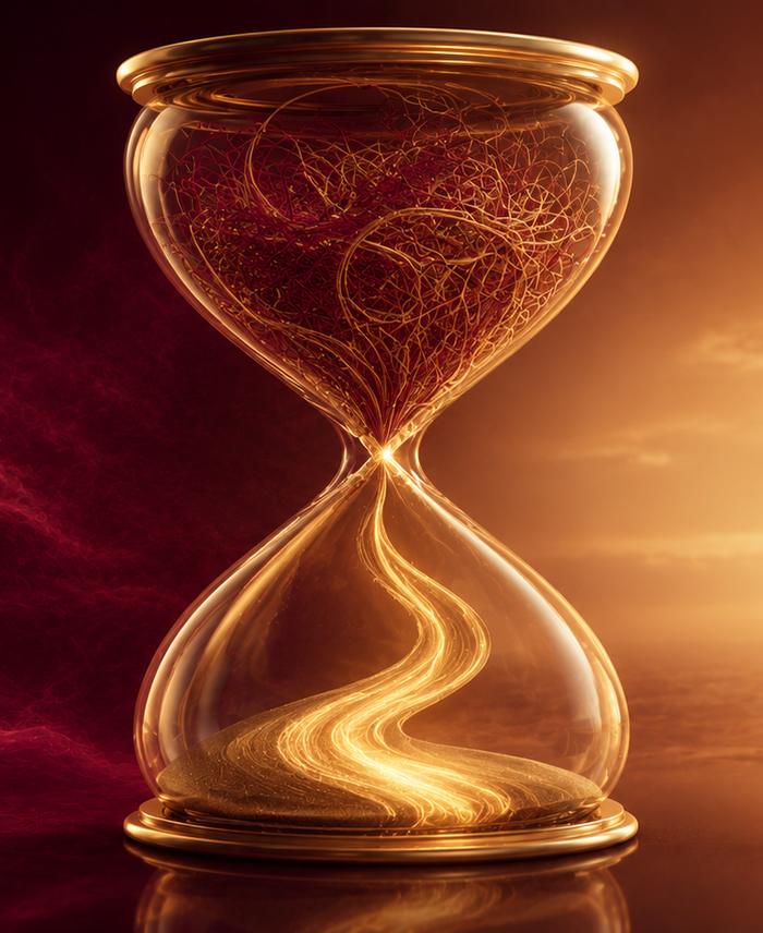 Eine goldene Sanduhr: oben verworrene rote Fäden, unten fließender goldener Sand