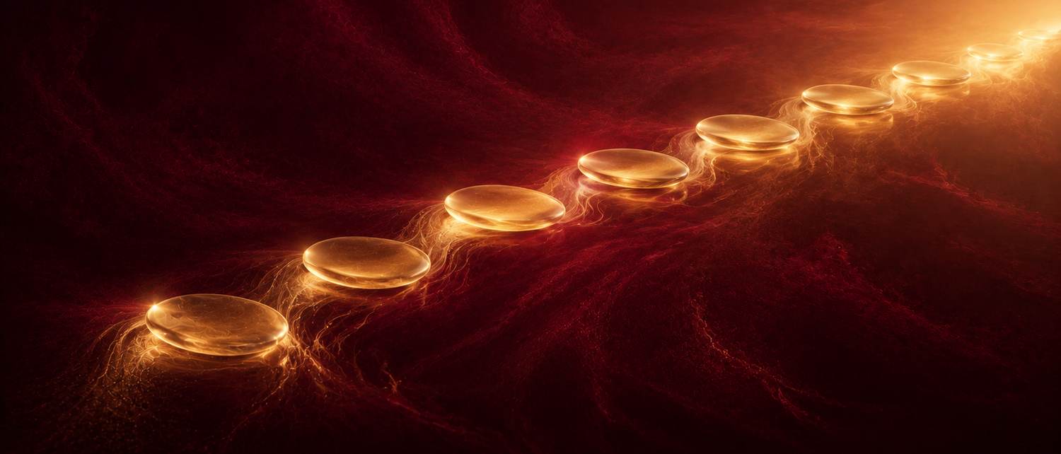 Acht goldene Steine, die in einer Linie durch dunkles Rot ins Licht führen